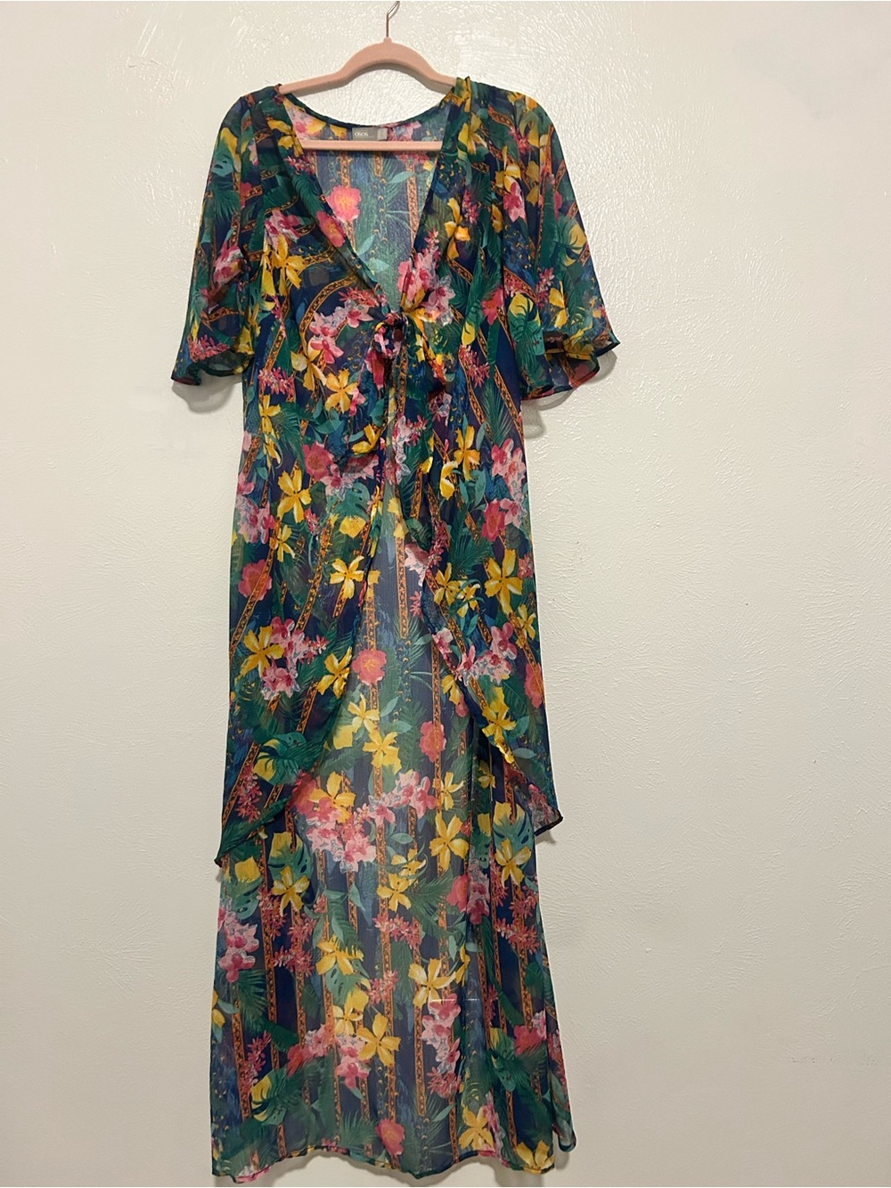 ASOS Green Sheer Floral Tie-Front Pareo dress with Pink & Yellow Blooms